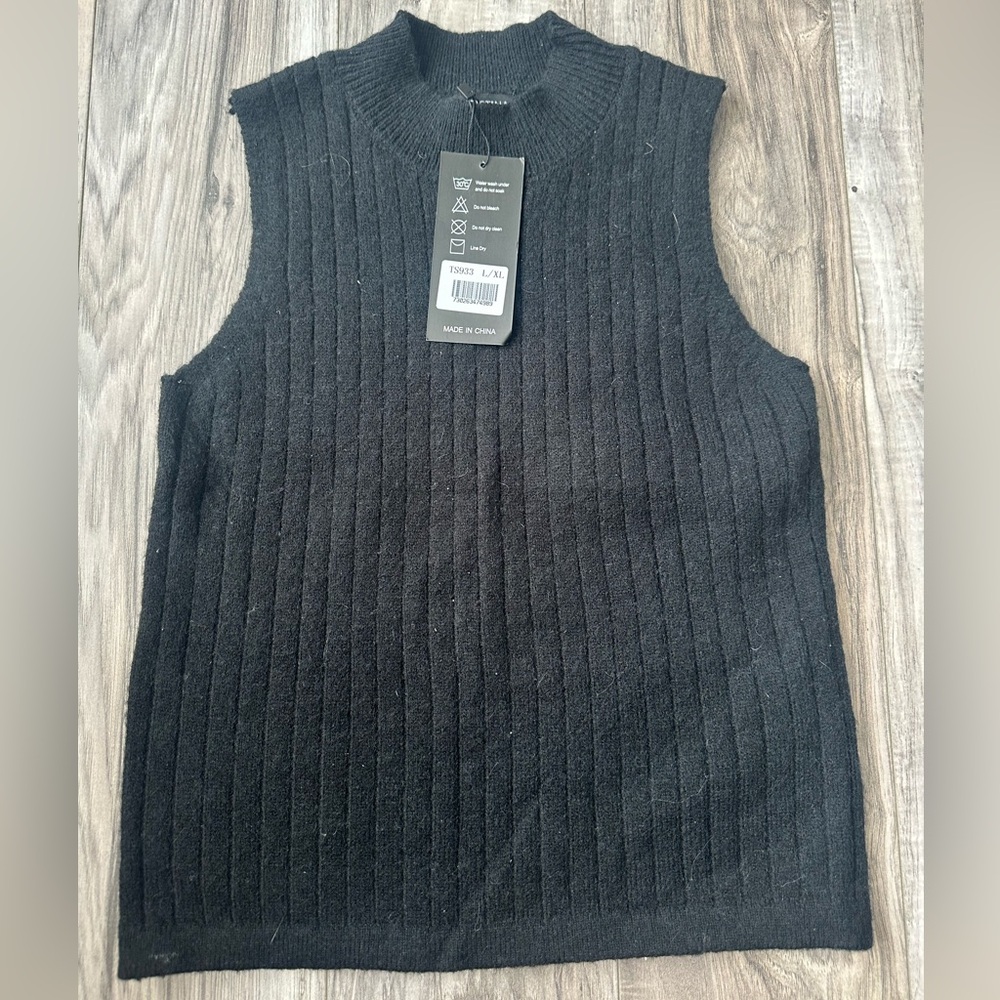 NWT S. Christina Women’s Black Ribbed Mock Neck Cashmere Sleeveless Sweater L/XL